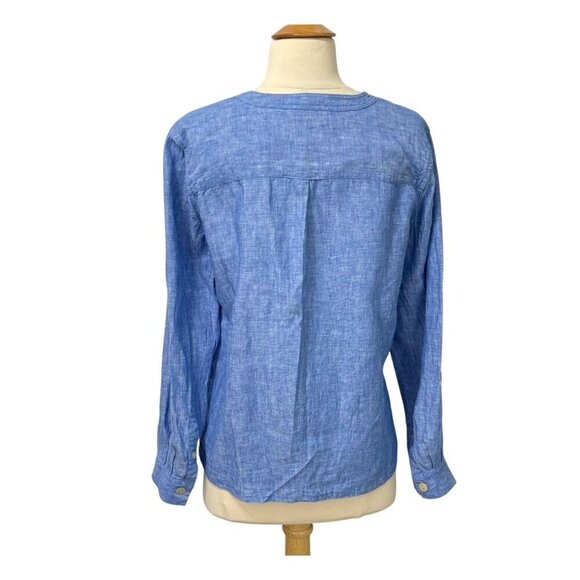 John Mark Linen V-Neck Blouse Long Roll Tab Sleeves Tie Waist Blue Resort Size S - Picture 7 of 11